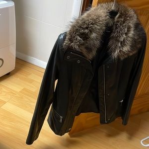 Raccoon collar and real leather jacket